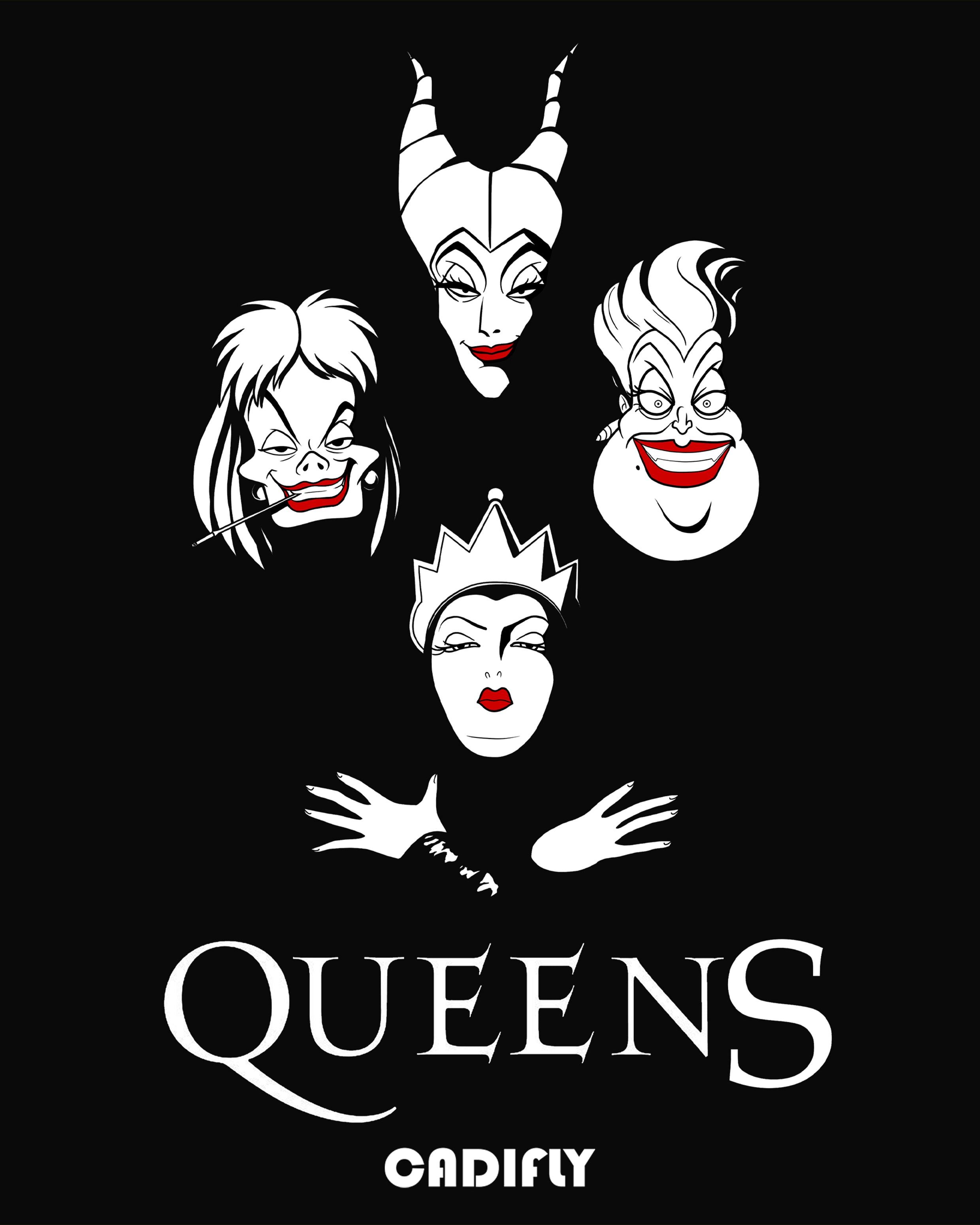 Diseño de Queens portada de Bohemian Rapsody con las malas del cuento