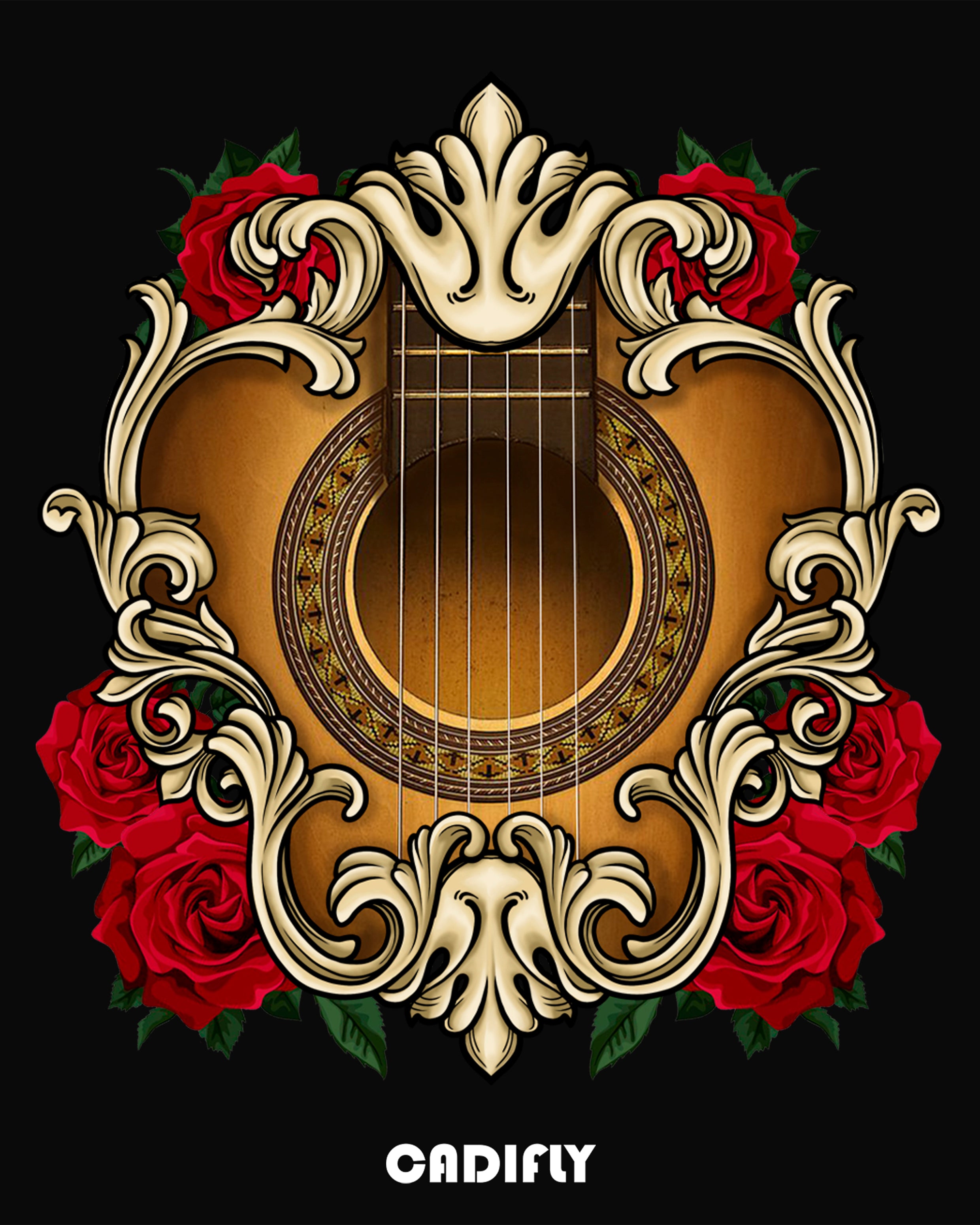 Diseño de guitarra flamenca rodeada de rosas