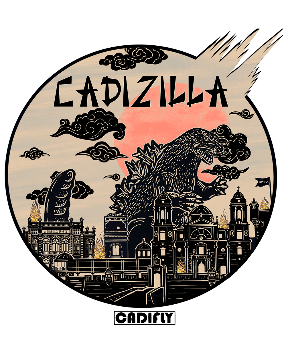 Diseño Japones representa Cadiz Y godzila 