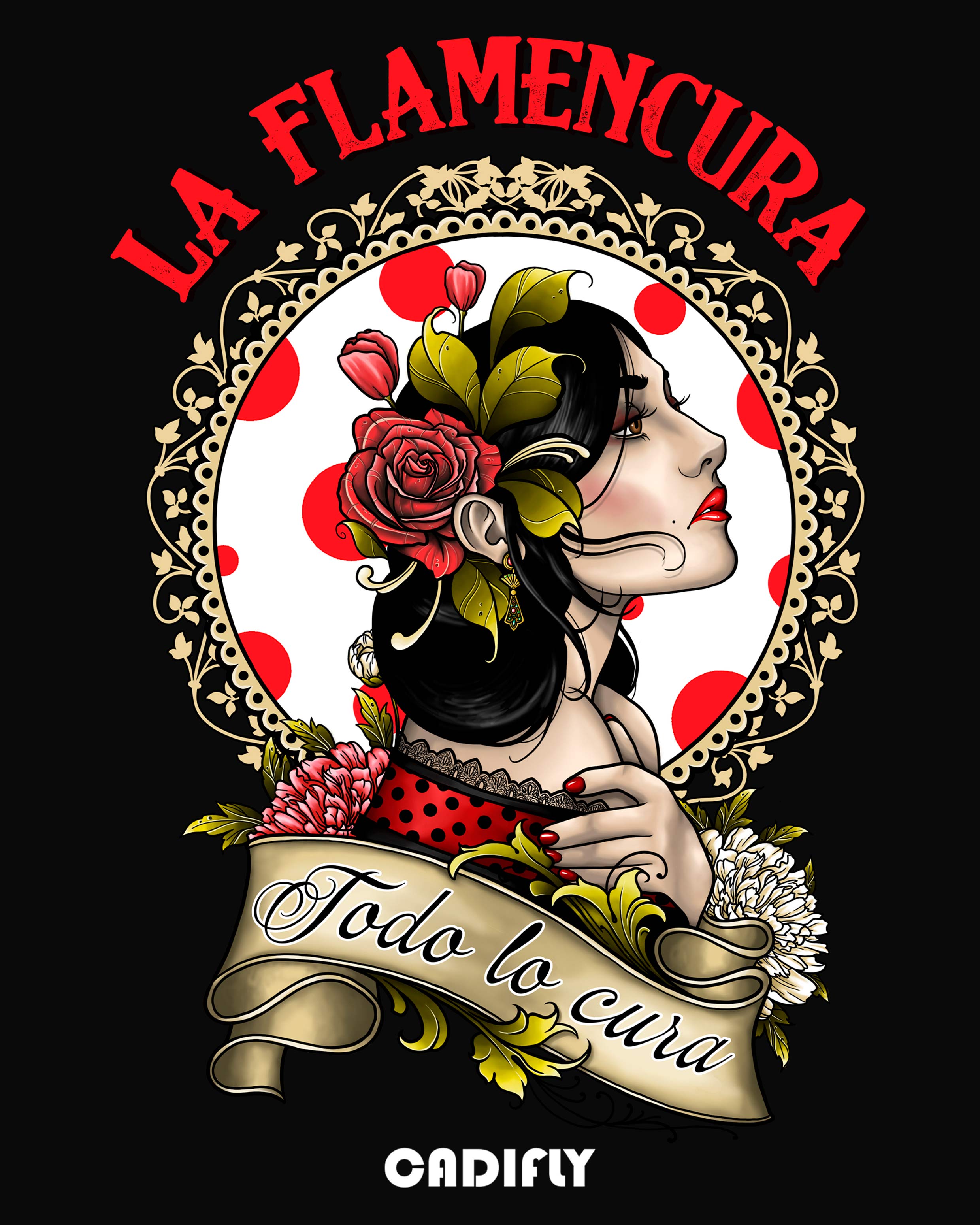 Diseño Gitana con la frase la Flamencura todo lo cura