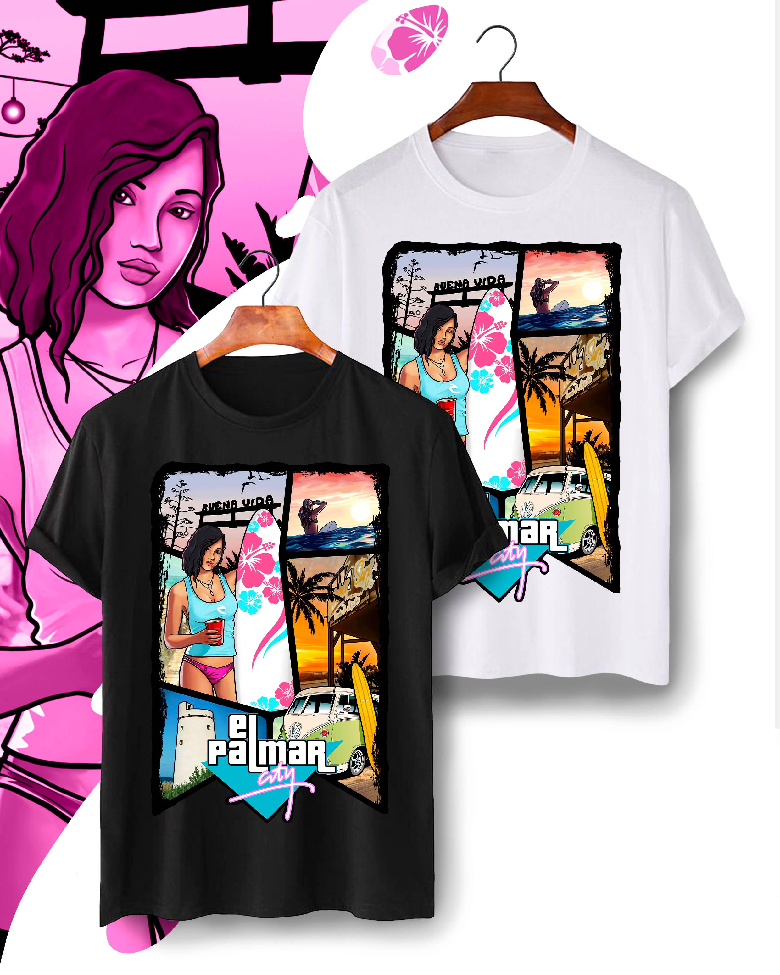 Camiseta GTA 6 al estilo de Cadiz con el diseño de la playa de El Palmar 