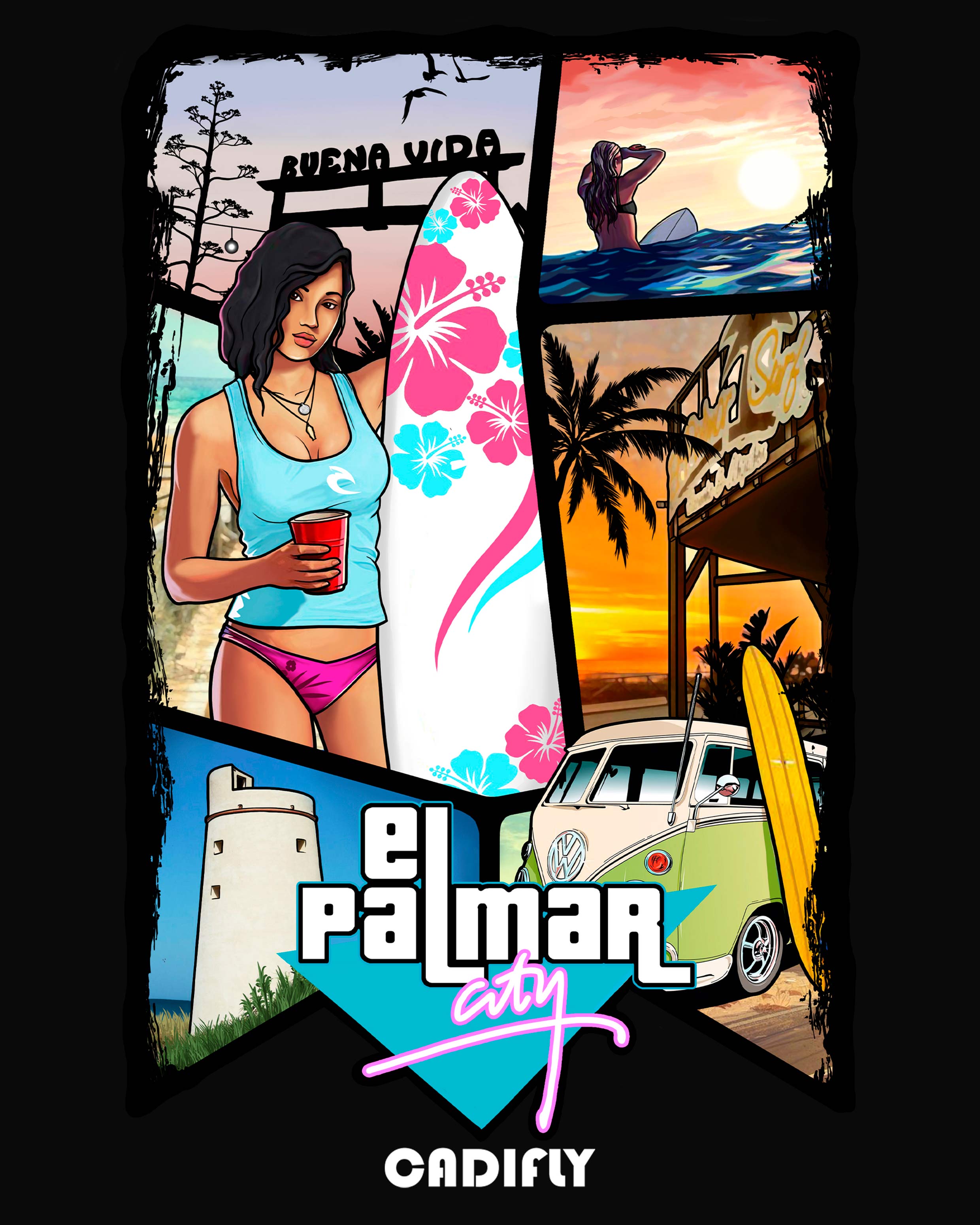 Diseño de El Palmar de Cadiz al estilo de GTA 6 el videojuego más popular de la historia del gamer