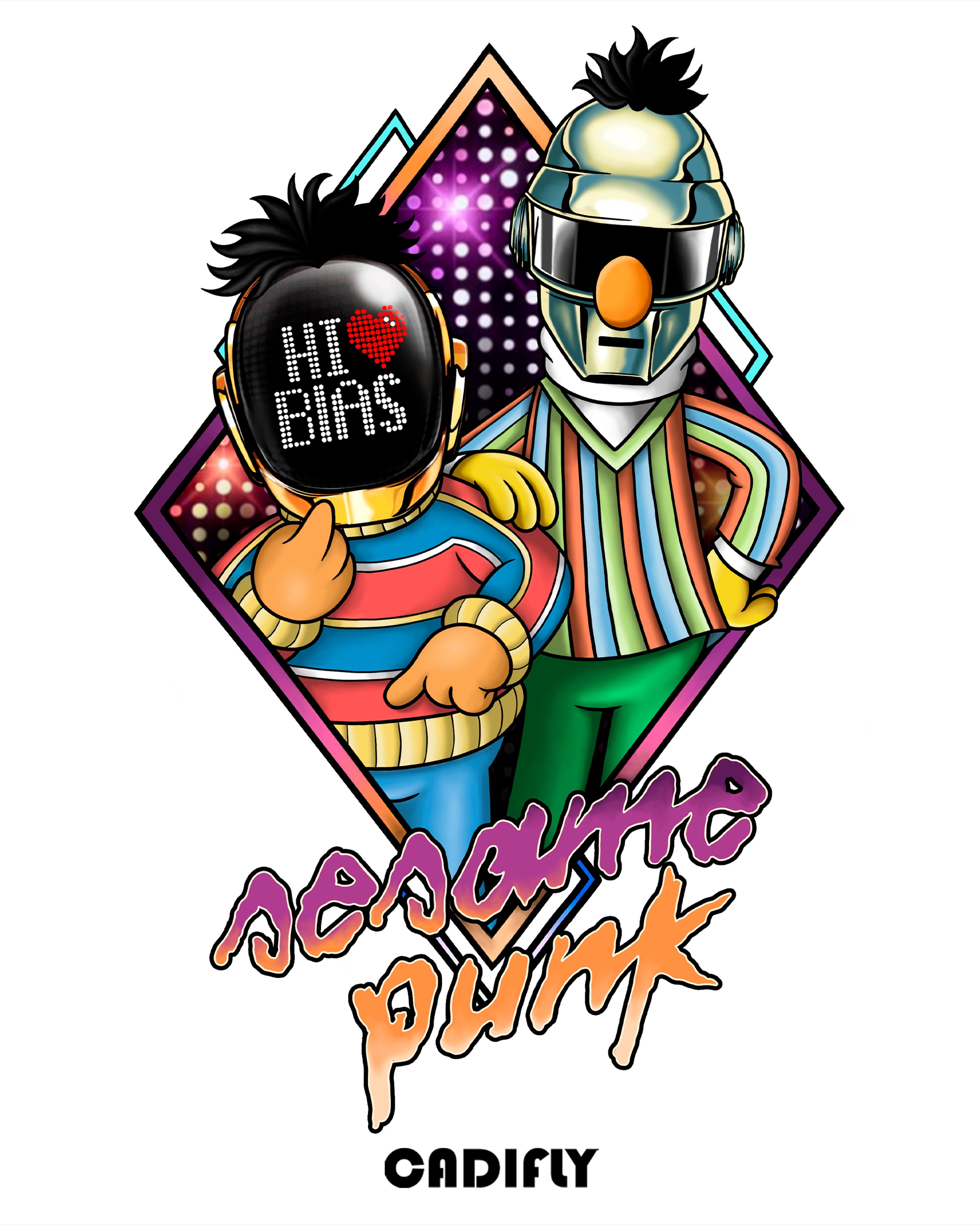 Diseño discotequero de barrio sesamo y daft punk